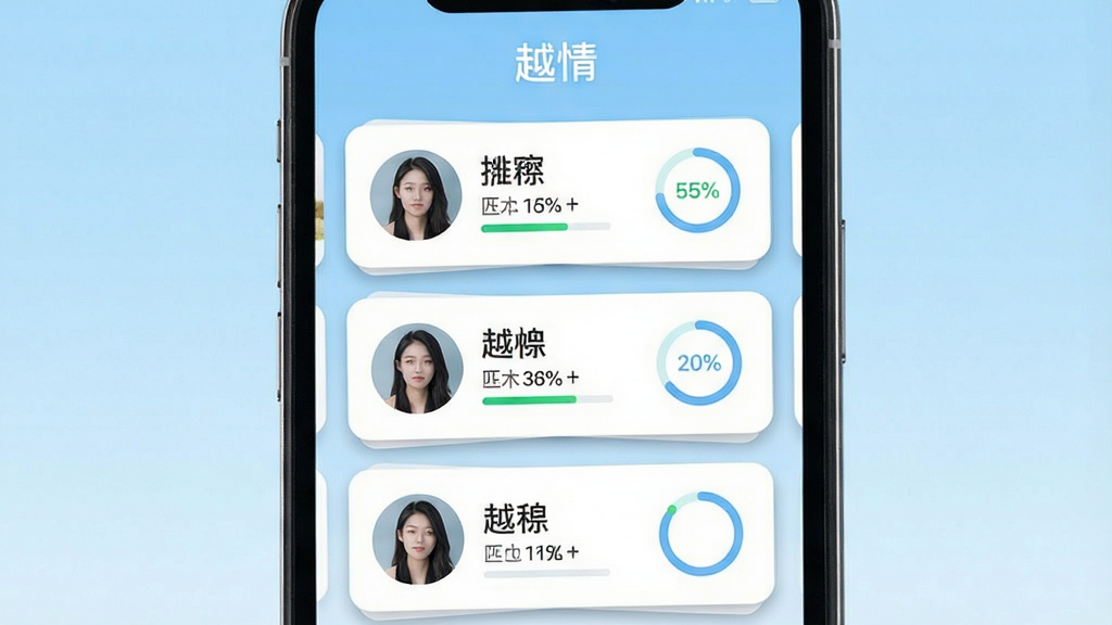 一张展示越情APP智能匹配功能的界面截图,主体是手机屏幕,屏幕上有多个用户卡片排列,每张卡片显示头像、昵称和匹配度百分比,背景是浅蓝色渐变,布局为瀑布流式,排版整洁,风格简约现代,细节包括卡片圆角阴影和匹配度环形图标,画质清晰,干净无多余元素,文字“越情”位于屏幕顶部
