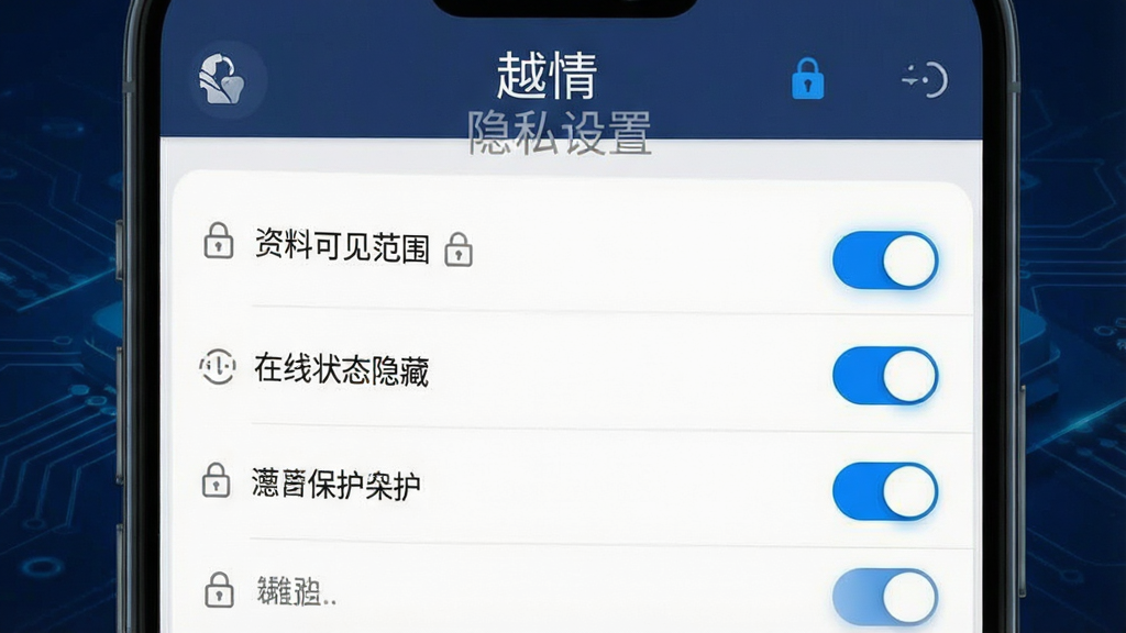 越情APP隐私保护设置页面截图,主体是手机屏幕,显示“隐私设置”菜单,包含“资料可见范围”、“在线状态隐藏”等选项,背景是深蓝色科技风格,布局为列表式,排版清晰,风格稳重,细节包括开关按钮的蓝色高光和锁形图标,画质高清,干净无多余元素,文字“越情”和“隐私保护”清晰可见