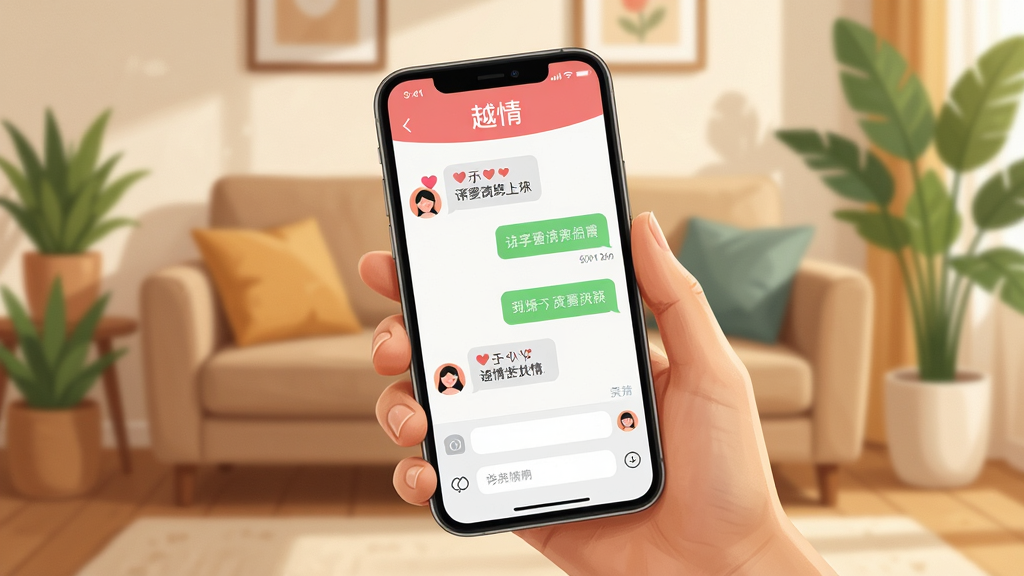 一张展示越情APP使用场景的插图,主体是一只手拿着手机,屏幕上显示聊天界面,背景是温馨的客厅,沙发和绿植点缀,布局采用黄金分割,排版自然,风格写实,细节包括屏幕上的爱心气泡和人物头像,画质高清,干净无多余元素,文字“越情”显示在屏幕顶部