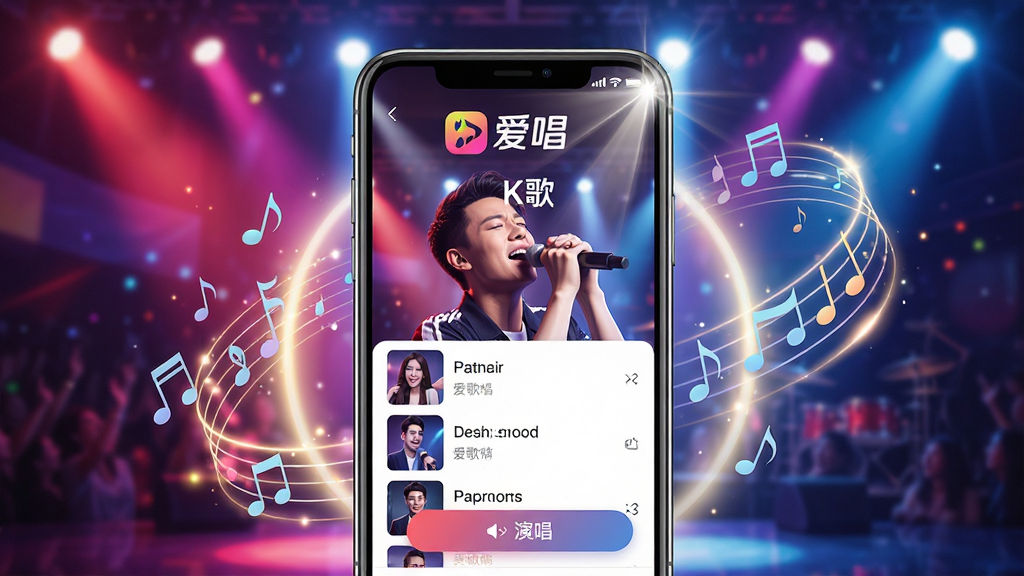 主体:展示“爱唱”APP在手机屏幕上运行的界面,背景为绚丽的舞台灯光效果,歌手手持麦克风尽情歌唱。布局:手机居中,界面清晰显示歌曲列表和演唱按钮,四周有音符和光环点缀。排版:手机屏幕内展示“爱唱”LOGO和“K歌”字样,周围留白,突出主体。风格:现代科技感,色彩鲜艳,光影效果明显。细节:屏幕反射光泽,音符飘动,画质高清,干净无多余元素。