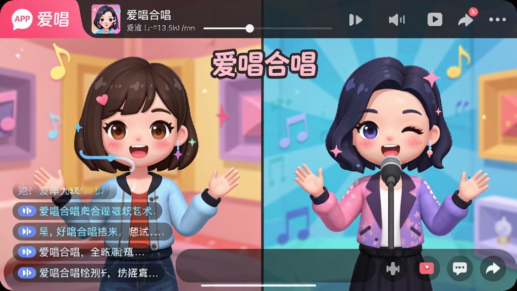 主体:“爱唱”APP的合唱房间界面,显示两个虚拟歌手形象共同演唱。布局:房间内顶部为歌曲信息,中间为歌手形象,底部为聊天弹幕区。排版:左右分屏显示两个歌手,带“爱唱合唱”字样。风格:卡通活泼,色彩明亮。细节:弹幕文字清晰,歌手形象可爱,画质干净,无多余元素。