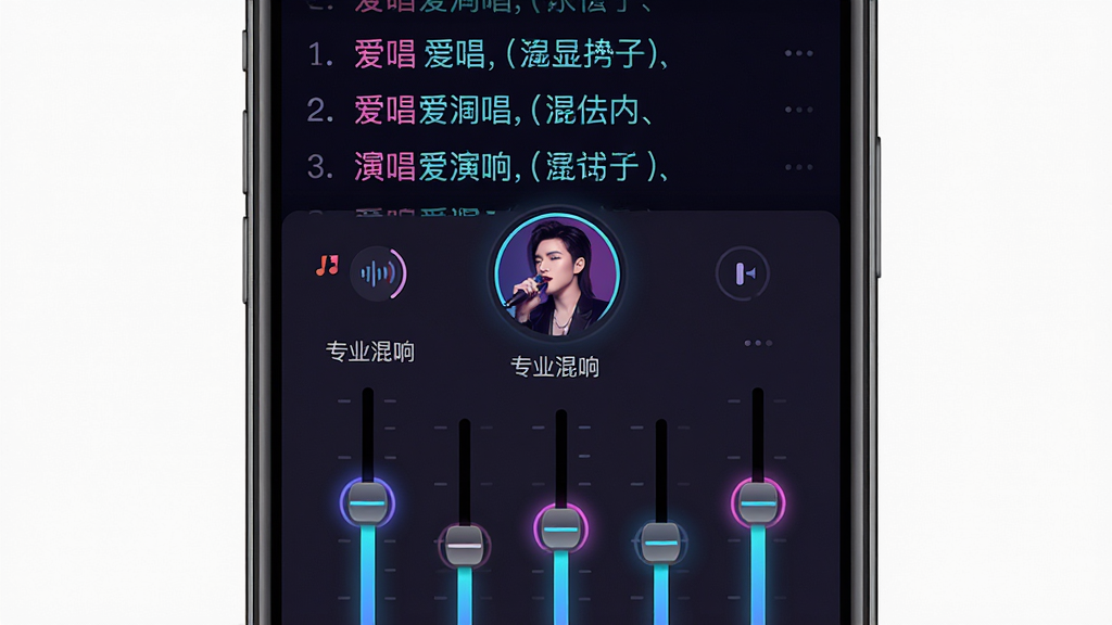 主体:“爱唱”APP的演唱调音台界面,显示各类音效调节滑块。布局:手机屏幕下方为调音面板,上方为歌词滚动显示,歌手头像位于中间。排版:调音滑块纵向排列,带“专业混响”字样。风格:时尚炫酷,深色背景搭配霓虹光效。细节:滑块带有光晕,歌词清晰,画质干净,无多余元素。