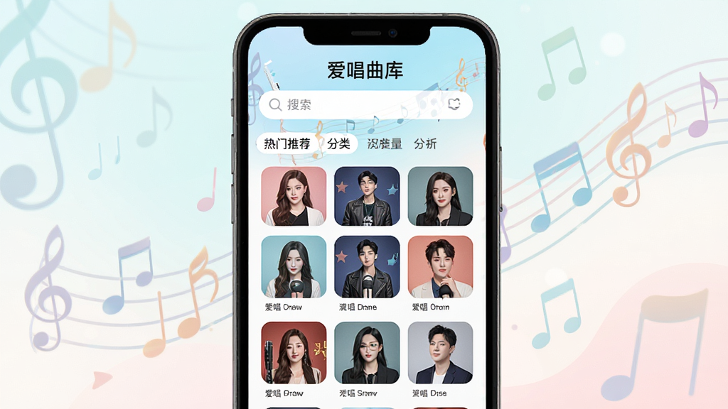 主体:“爱唱”APP的歌曲库界面,展示热门推荐和分类标签。布局:手机屏幕内显示歌曲封面墙和搜索栏,背景为淡雅的音乐元素。排版:封面排列整齐,界面顶部有“爱唱曲库”字样。风格:清新简洁,色彩明快。细节:歌曲封面清晰,界面图标圆润,画质干净,无多余元素。