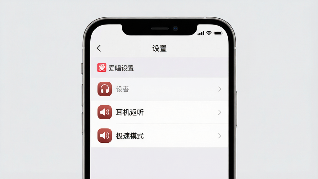 主体:手机屏幕显示爱唱APP的“设置”页面,突出“耳机返听”和“极速模式”选项。布局:手机上显示设置列表,背景为简约纯色。排版:设置项清晰排列,带“爱唱设置”字样。风格:简洁商务,浅灰底色。细节:选项图标清晰,文字可读性强,画质干净,无多余元素。