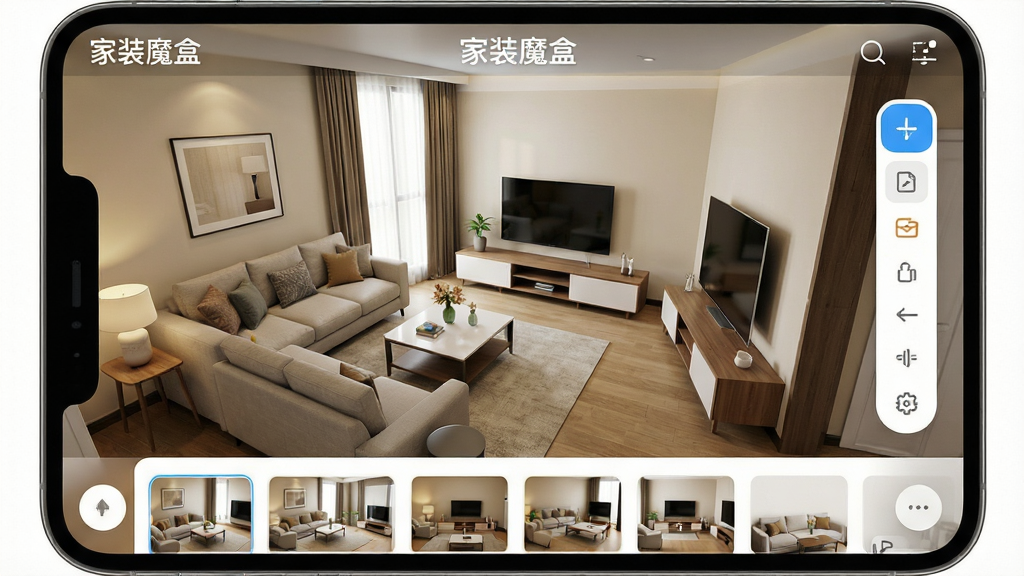 主体:家装魔盒手机软件界面,展示3D客厅装修效果,现代简约风格,沙发茶几电视柜齐全。布局:中央大屏户型图,右侧悬浮工具栏,底部素材面板。排版:清晰分层,信息直观,界面干净。风格:写实渲染,光线自然,色彩温馨。细节:家具模型精致,材质纹理清晰,软件名称“家装魔盒”显示在屏幕顶部。画质:高清,干净,无多余元素。