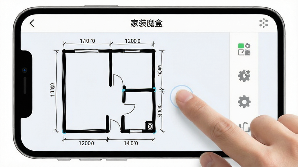 主体:手机屏幕显示家装魔盒户型绘制界面,用户手指拖动墙体线条。布局:左侧是户型图,右侧是绘制工具图标。排版:简洁明了,强调触控操作。风格:扁平化UI,浅色背景。细节:墙体线条加粗显示,尺寸标注清晰,软件名称“家装魔盒”在顶部导航栏。画质:干净,无多余元素。