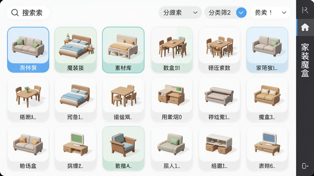 主体:家装魔盒素材库面板,展示沙发、床、餐桌等多种家具模型缩略图。布局:网格状排列,顶部有搜索和分类筛选栏。排版:整齐有序,缩略图大小一致。风格:清新简洁,图标圆润。细节:每个模型下方标注名称,选中状态高亮,软件名称“家装魔盒”在侧边栏。画质:高清,干净,无多余元素。