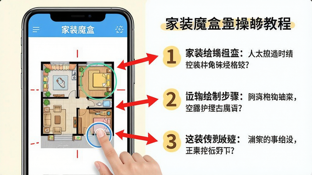 主体:家装魔盒操作教程示意图,手机屏幕显示户型绘制步骤,旁边有文字标注。布局:左侧为手机界面,右侧为说明文字区域。排版:步骤编号清晰,图文对应。风格:教学风格,色彩明快。细节:手指点击位置有圆圈高亮,文字标注使用红色箭头指示,软件名称“家装魔盒”出现在手机顶部。画质:干净,无多余元素。