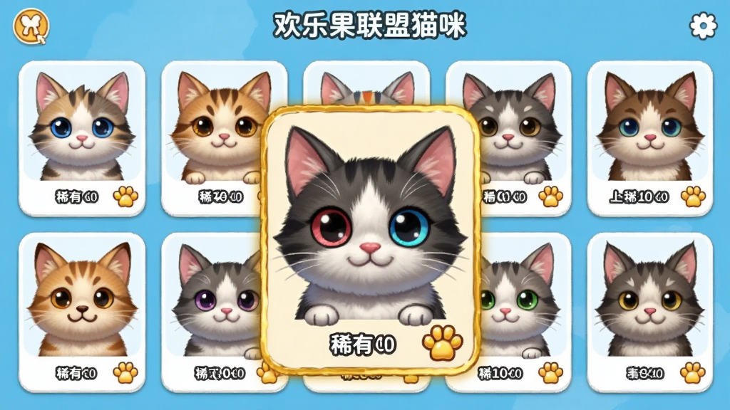 主体:欢乐果联盟猫咪游戏的猫咪收集界面,展示一排不同品种的猫咪头像卡片;布局:猫咪卡片横向排列,选中猫咪放大居中显示;排版:卡片整齐排列,选中卡片有金色边框;风格:清新可爱卡通风格;细节:每只猫咪眼睛颜色不同,毛发纹理清晰,卡片底部显示名字和稀有度;画质:高清细腻,色彩鲜艳,干净无多余元素