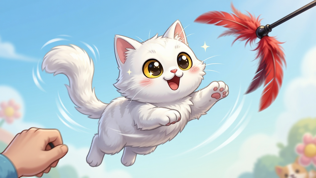 主体:欢乐果联盟猫咪中玩家正在用逗猫棒与一只白猫互动;布局:猫咪在画面中央跳跃,逗猫棒在画面右上角,玩家手部在左下角;排版:动态捕捉猫咪跳跃瞬间;风格:活泼可爱卡通风格;细节:猫咪眼睛发亮,毛发飘动,逗猫棒有红色羽毛;画质:高清动态效果,动作流畅,干净无多余元素