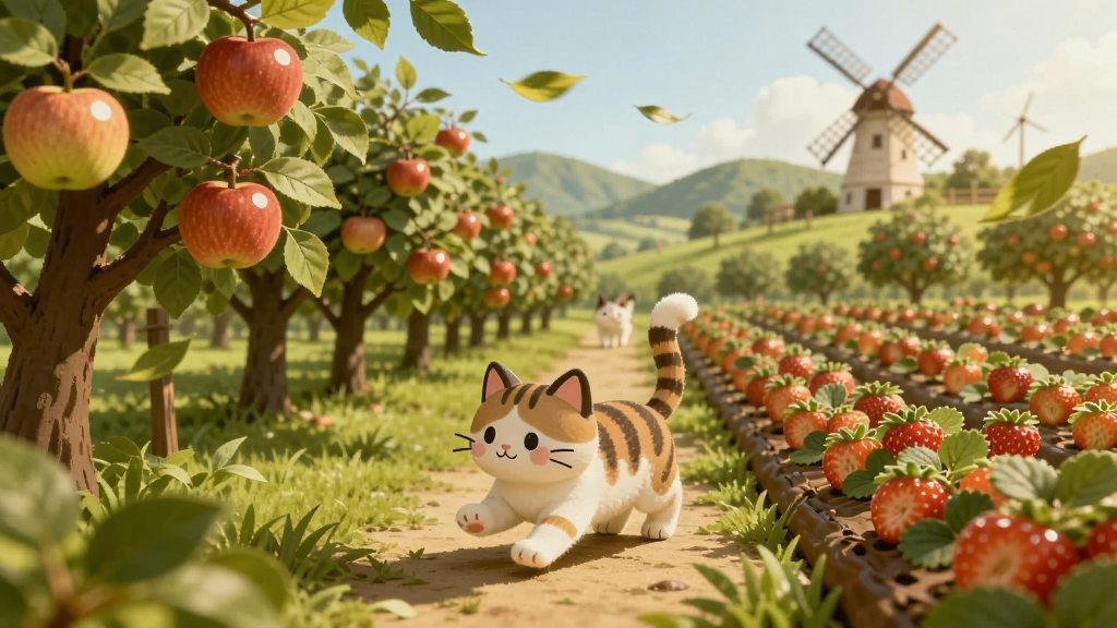 主体:欢乐果联盟猫咪的果园种植场景,猫咪在果树林间穿梭;布局:果园全景展示,左侧是苹果树,右侧是草莓田,猫咪在中间小路上;排版:场景层次分明,远处有山丘和风车;风格:治愈系田园风,色彩温暖;细节:果实有高光,树叶随风摆动,猫咪尾巴翘起;画质:高清细腻,光影自然,干净无多余元素