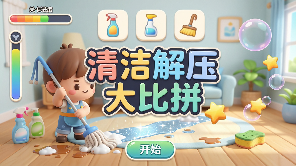 主体:游戏主界面展示,一个明亮的客厅场景,前景是卡通风格的游戏角色手持拖把,背景展示多种清洁工具图标。布局:界面左侧显示关卡进度条,右侧漂浮着泡泡和星星特效,底部有开始按钮。排版:画面中央突出“清洁解压大比拼”字样,使用圆润可爱的字体,色彩明快。风格:清新卡通,色彩柔和,Q版人物造型。细节:地面有污渍和泡沫,拖把划过留下亮晶晶的水痕,周围有清洁剂瓶、海绵等元素。画质:高清渲染,光影自然,干净无多余元素。