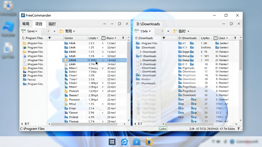���壺FreeCommander��Windows 11�����ϵ����н�ͼ������Ϊģ���������ֽ���������ھ�����ʾ˫���񡣲��֣�������󻯣���ര����ʾ��C:\Program Files�����Ҳര����ʾ��D:\Downloads����������ǩҳ�С����á�������Ŀ��������ʱ�����Ű棺�ļ��б�Ϊ��ϸ��ͼ������������������ִ�Windows���ǳɫ���⣬������Ӱ��Ȼ��ϸ�ڣ����ָ��λ��һ���ļ��ϣ�״̬����ʾ�ļ���С��ѡ�����������ʣ����������ɾ����޶���Ԫ�ء�