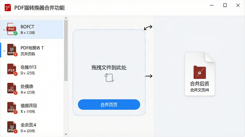 ���壺PDFèת�����ϲ����ܽ��棬���PDF�ļ��������߿��Ҳ���ʾ�ϲ��󵥸��ļ������֣�����ļ��б����Ҳ�ϲ�Ԥ�����Ű棺��ק���С���ק�ļ����˴�����ʾ���ϲ���ťΪ��ɫ��������񣺼�Լ���£�ǳɫ������ϸ�ڣ��ļ��б���ʾ���ļ�ҳ�����ϲ����ļ���ʾ��ҳ�������ʣ����壬�ɾ��޶���Ԫ�ء�