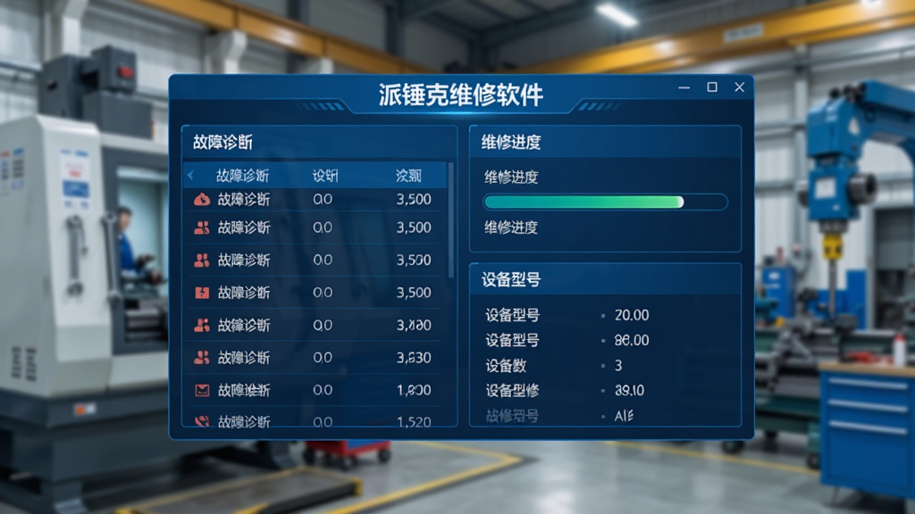 派锤克维修软件主界面展示,背景为工业设备维修场景,界面显示故障诊断列表、维修进度条与设备型号参数,布局清晰,风格科技蓝,高细节,干净无多余元素