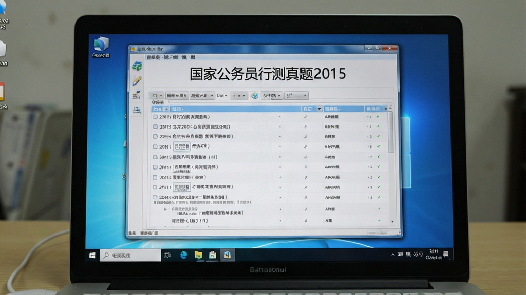 展示国家公务员行测真题2015软件在电脑上运行的图片,主体为笔记本电脑屏幕中显示软件主界面,屏幕上有“国家公务员行测真题2015”标题和题目列表,布局为桌面环境,风格写实,细节体现软件窗口和任务栏图标,画质清晰,无多余元素