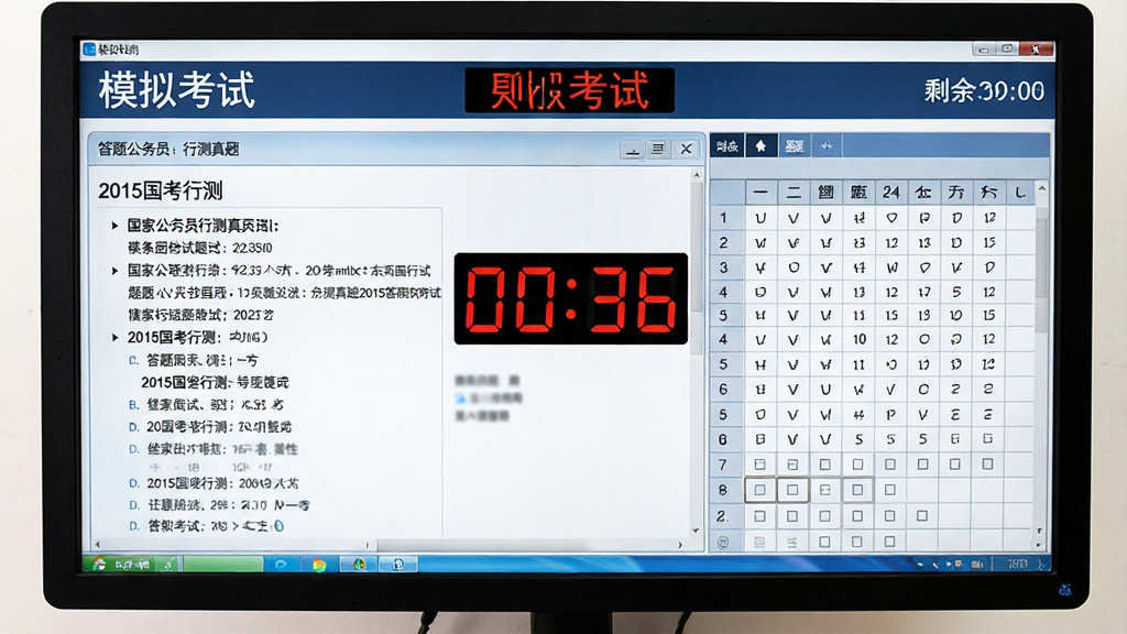 展示国家公务员行测真题2015软件模拟考试界面的图片,主体为电脑屏幕上的倒计时时钟和答题卡,左侧为题目区,右侧为答题卡网格,顶部显示“模拟考试”和剩余时间,布局像真实考试系统,风格正式专业,细节体现“2015国考行测”字样,画质清晰,无多余元素