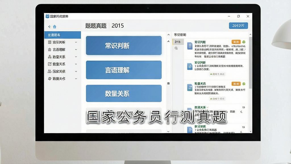 一张展示国家公务员行测真题2015软件主界面的图片,主体为电脑屏幕中显示的题库列表,包含“常识判断”“言语理解”“数量关系”等模块按钮,布局清晰,左侧为导航栏,右侧为题目预览区,风格简洁现代,细节体现真题年份“2015”和“国家公务员行测真题”字样,画质高清干净,无多余元素