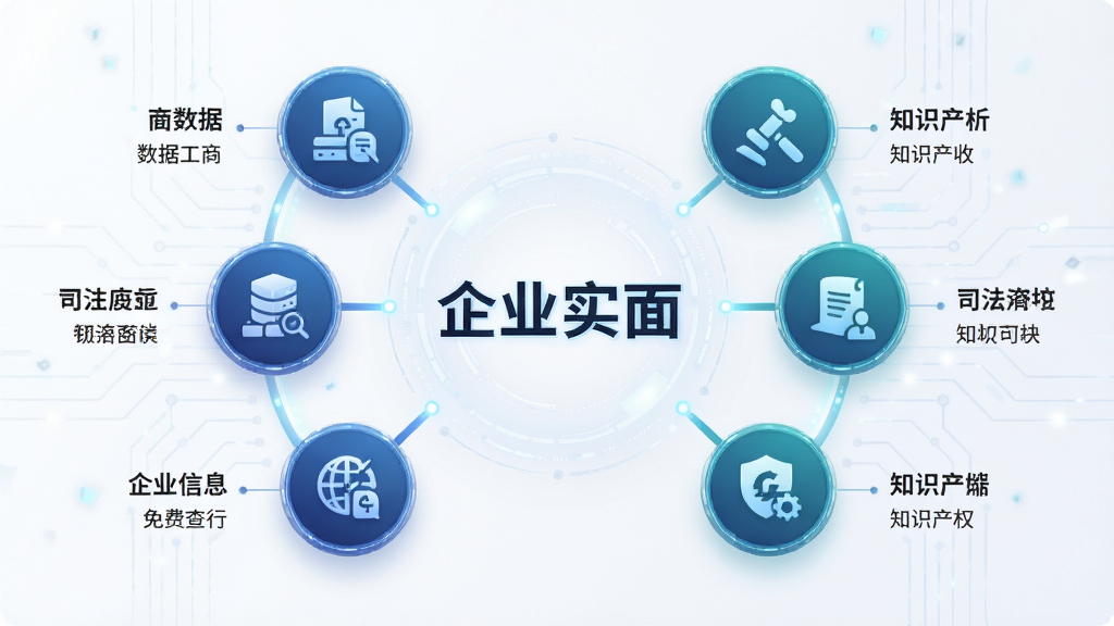 微企业信息免费查询数据聚合功能展示图,主体为多维度数据图标环绕企业名称,布局对称,排版直观,科技感风格,细节包含工商、司法、知识产权等图标,画质清晰,干净无多余元素