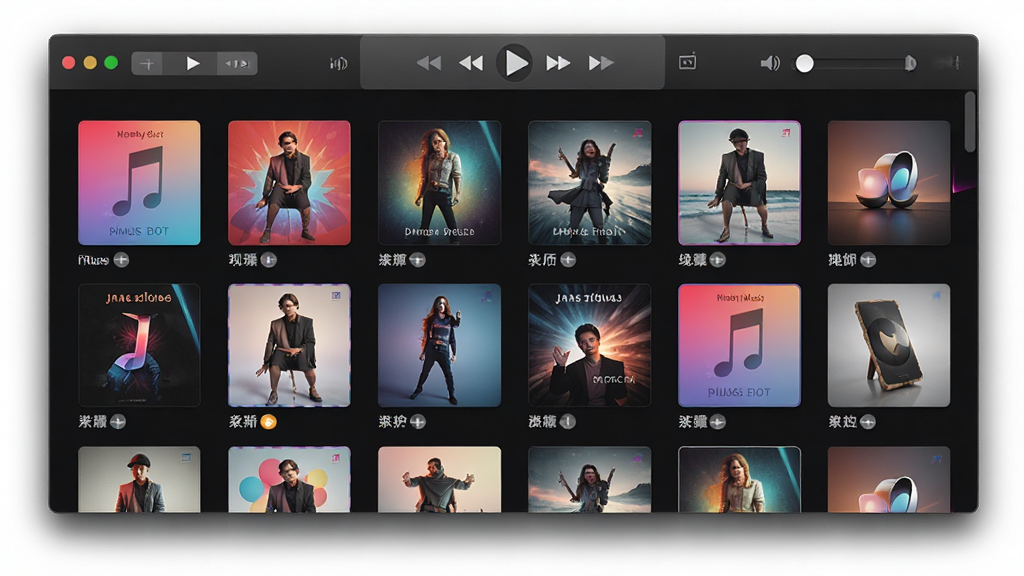 iTunes软件界面预览图,展示深色主题模式下音乐专辑网格布局,封面色彩斑斓排列整齐,上方有播放控制栏和音量滑块,界面精致细腻,现代UI设计,高分辨率,画质清晰,无多余元素