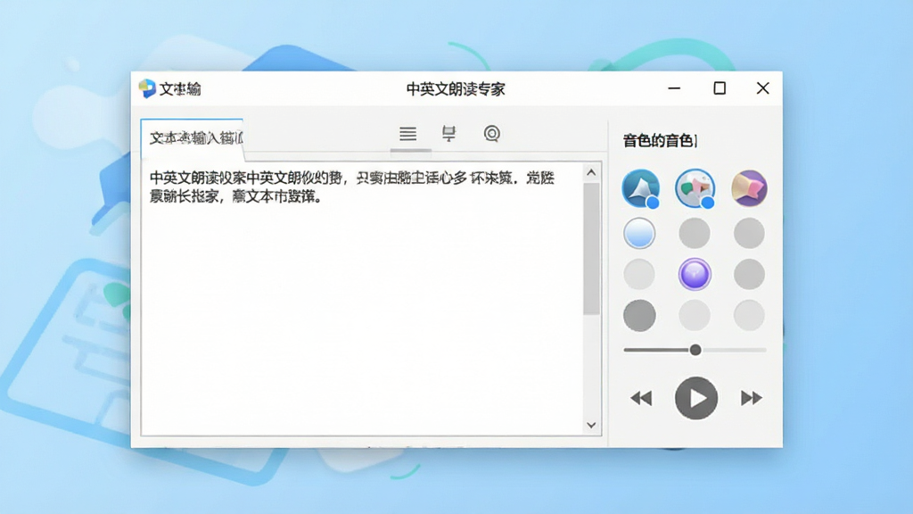 一幅现代简约风格的电脑桌面软件界面预览图,界面中央显示“中英文朗读专家”主窗口,左侧为文本输入区域,右侧为音色选择与播放控制面板,背景为浅蓝色渐变,整体排版清晰明亮,画质干净,无多余元素