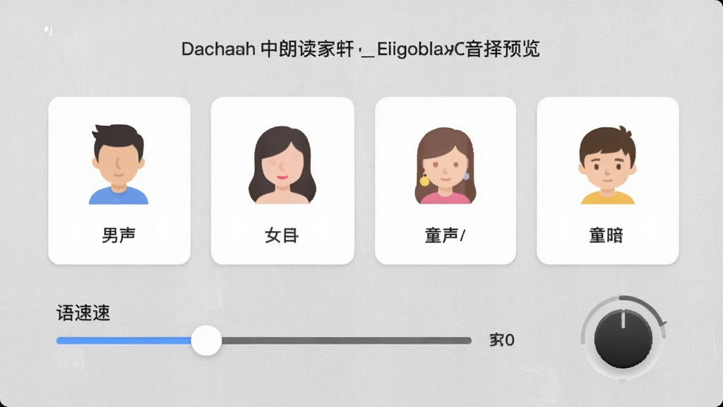 中英文朗读专家音色选择界面预览,画面展示多个音色卡片排列,包含男声、女声、童声图标,下方有语速滑动条和音量调节旋钮,背景为浅灰质感,排版整齐,画质干净,无多余元素