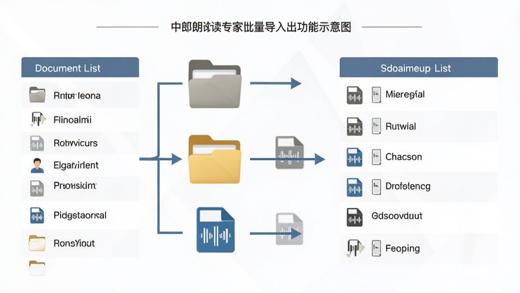 中英文朗读专家批量导入导出功能示意图,画面展示文件夹图标与多个音频文件图标之间用箭头连接,左侧为文档列表,右侧为音频输出列表,背景为简约商务风格,排版清晰,画质干净,无多余元素