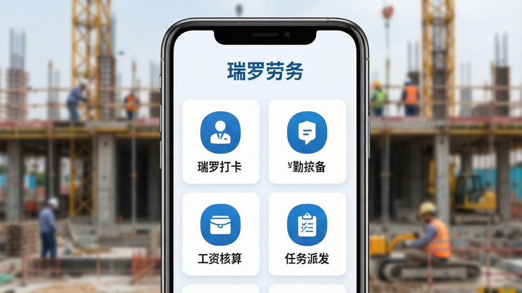 主体:一部智能手机屏幕显示瑞罗劳务主界面,屏幕上有考勤打卡、工资核算、任务派发等图标;布局:手机居中,界面元素清晰可见;排版:简洁的扁平化设计,功能图标排列有序;风格:现代商务风,色彩以蓝色和白色为主;细节:屏幕上方显示“瑞罗劳务”字样,背景有模糊的施工现场;画质:高清,干净,无多余元素