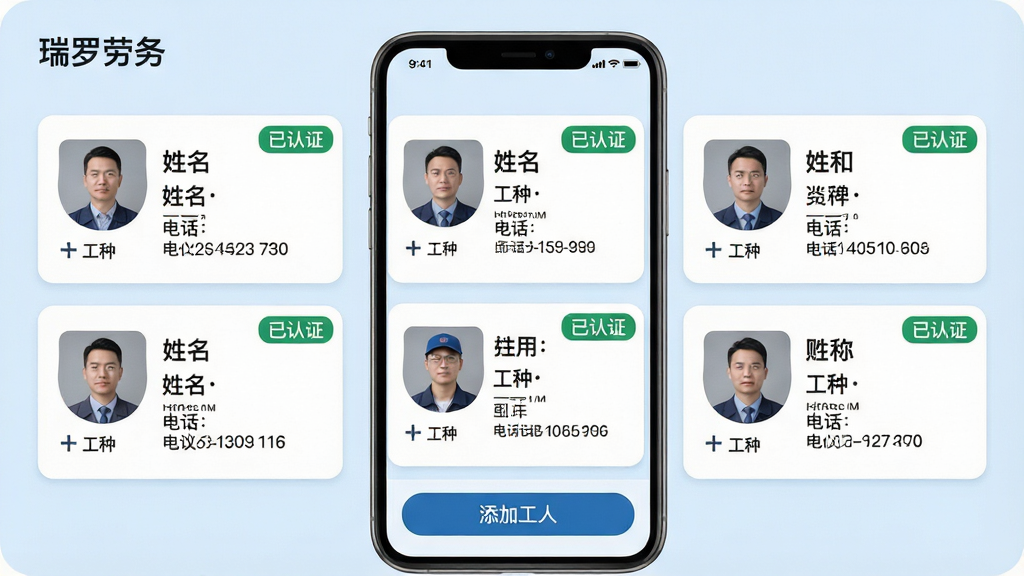 主体:瑞罗劳务的人员档案界面,显示工人信息卡片;布局:手机屏幕居中,卡片式排列;排版:每个卡片包含头像、姓名、工种、电话等;风格:简约商务风,浅蓝色背景;细节:卡片右上角有“已认证”标签,屏幕底部有“添加工人”按钮,屏幕左上角有“瑞罗劳务”字样;画质:高清,干净,无多余元素