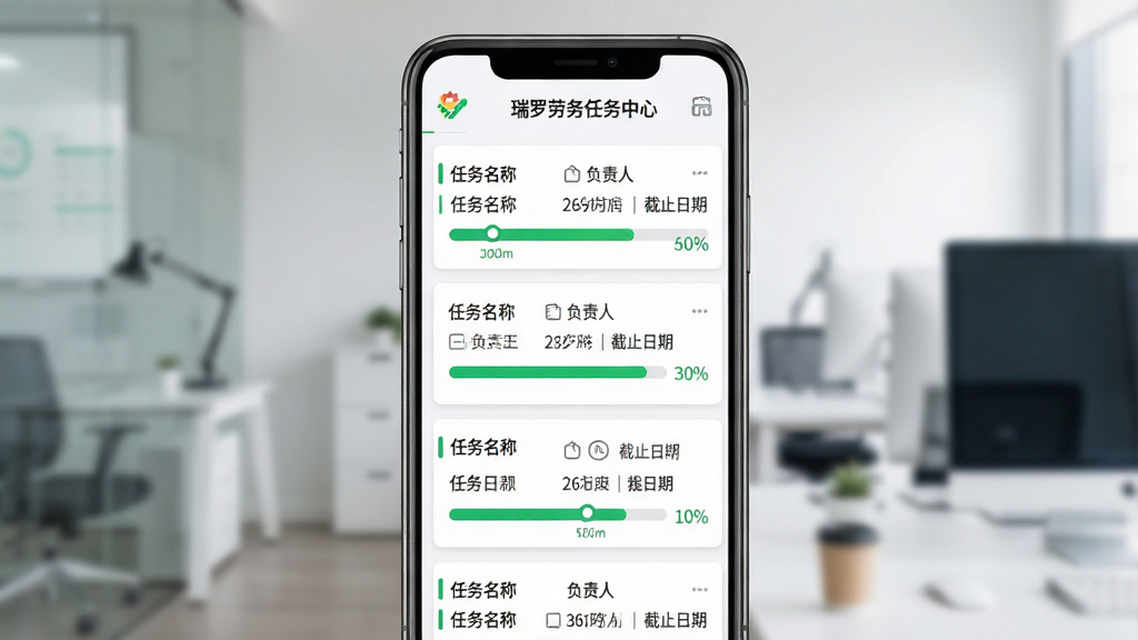 主体:瑞罗劳务的任务派发界面,显示任务列表和进度条;布局:手机界面居中,列表从上到下排列;排版:任务卡片式布局,进度条清晰可见;风格:清爽商务风,绿色进度条点缀;细节:每个任务卡片显示任务名称、负责人、截止日期,进度条百分比,屏幕顶部有“瑞罗劳务任务中心”字样;画质:高清,干净,无多余元素