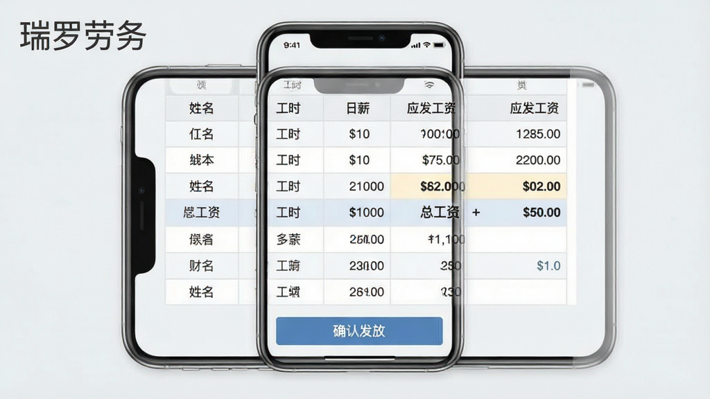 主体:瑞罗劳务的工资核算界面,显示工资明细表格;布局:手机屏幕居中,表格清晰展示各项数据;排版:表格行间距适中,总工资高亮显示;风格:专业财务风,浅灰背景;细节:表格包含姓名、工时、日薪、应发工资等项目,底部有“确认发放”按钮,屏幕左上角有“瑞罗劳务”水印;画质:高清,干净,无多余元素