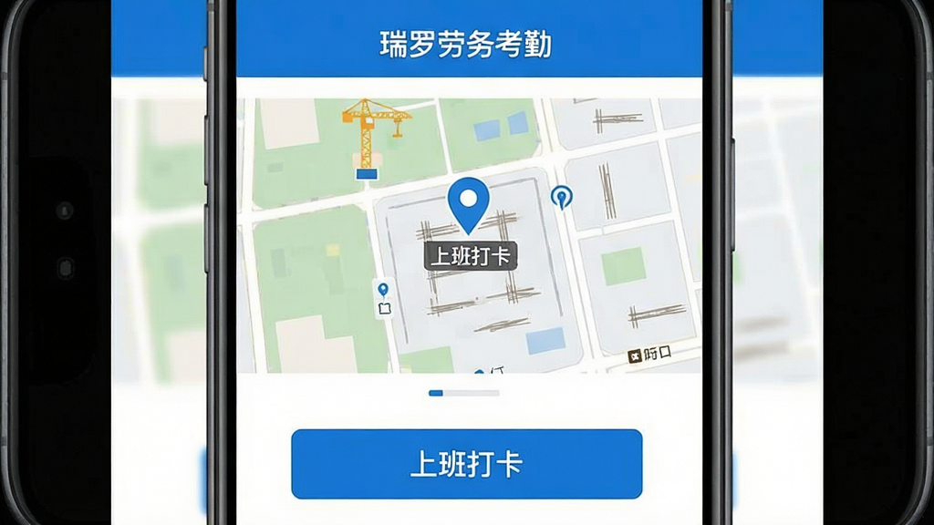 主体:瑞罗劳务的考勤打卡界面,显示地图定位和打卡按钮;布局:手机界面居中,地图占上半部分,打卡按钮在下方;排版:清晰的功能分区,按钮醒目;风格:简洁实用风,蓝白配色;细节:地图上有工地位置标记,打卡按钮显示“上班打卡”,屏幕顶部有“瑞罗劳务考勤”字样;画质:高清,干净,无多余元素