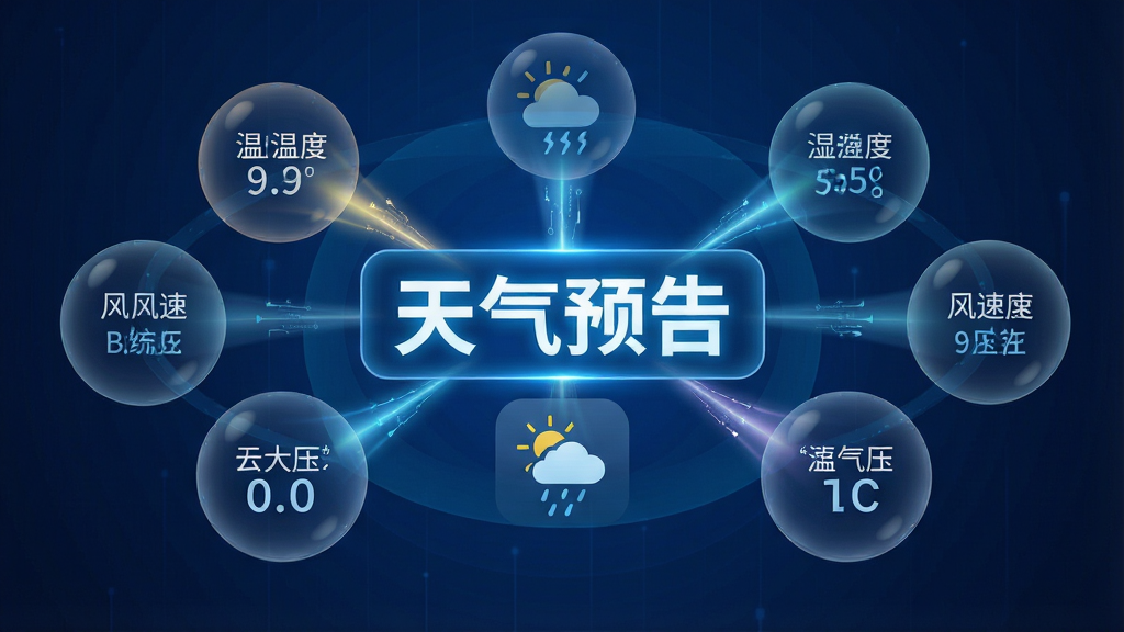 一幅科技感十足的数据融合概念图,画面中央是一个发光的“天气预告”文字标识,周围环绕着多个半透明的数据球体,分别代表温度、湿度、风速和气压,它们的光线汇聚到中央,形成一个清晰的全景天气图标。整体布局对称且富有层次感,风格简洁现代,以深蓝色为主色调,凸显科技与精准,画质清晰干净。