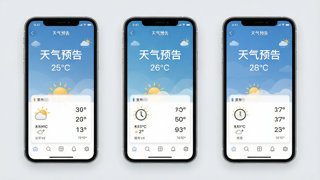一组展示多城市切换功能的手机UI设计图,背景为淡雅的浅灰色,主视觉是并列排列的三张手机屏幕,每张屏幕显示不同城市的“天气预告”界面,城市名称和温度信息用醒目的字体标出。整体布局横向展开,排版整齐,风格清新简约,注重功能展示,画质干净无多余元素。