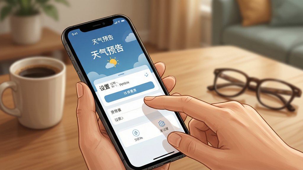 一幅展示用户使用手机设置天气预告应用的场景插画,一只手正在点击手机屏幕上的“设置”选项,背景是模糊的室内环境,桌面有咖啡杯和眼镜。画面聚焦于手指与屏幕交互的瞬间,屏幕中清晰显示“天气预告”字样及权限设置界面。整体布局自然,风格写实且温馨,画质清晰,无多余元素。