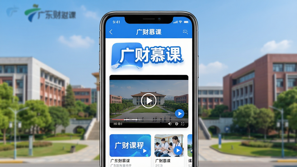 主体:广财慕课App界面展示,手机屏幕显示课程列表和播放画面,背景是广东财经大学校园风景,主体突出“广财慕课”文字标识,布局:手机居中,界面清晰,上方有软件名称,下方展示课程卡片,排版简洁大气,风格:现代扁平化设计,色彩明亮以蓝色和白色为主,细节:课程封面有科目名称,播放按钮清晰,画质:高清渲染,干净,无多余元素