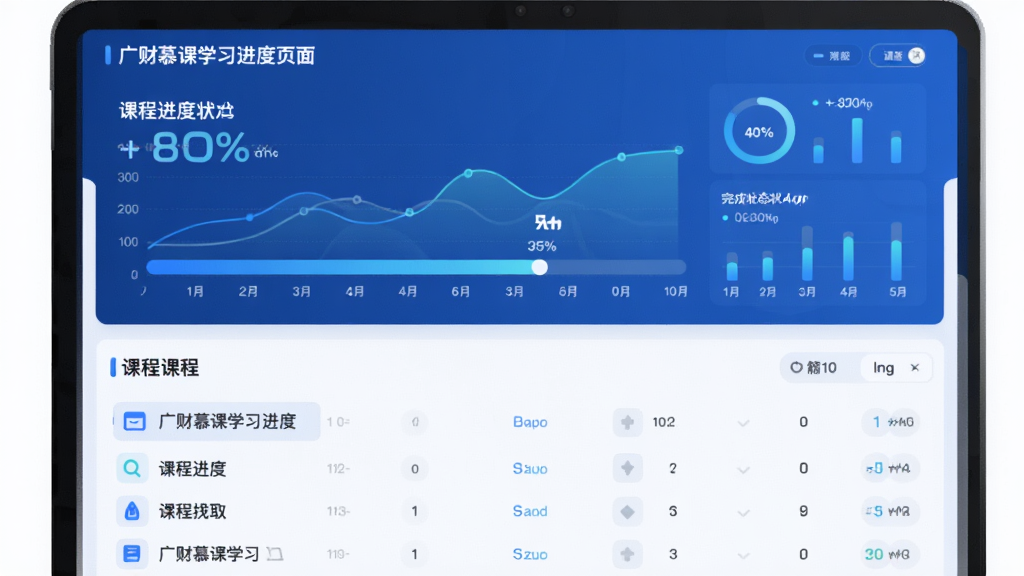 主体:广财慕课学习进度页面,显示课程进度百分比和完成状态,布局:上方为数据统计图表,下方为课程列表,风格:数据可视化风格,蓝色主题,细节:进度条清晰,图标简洁,画质:高清,干净,无多余元素