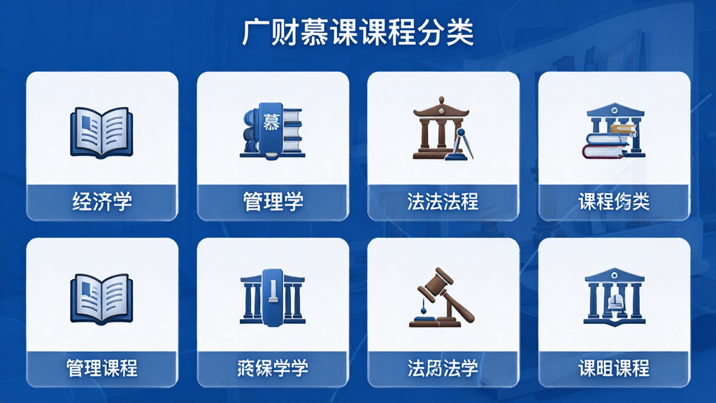 主体:广财慕课课程分类界面,展示多个学科图标如经济学、管理学、法学,布局:网格状排列,每个图标下方有课程名称,风格:简洁商务风,蓝白配色,细节:图标精致,文字清晰,画质:高清,干净,无多余元素