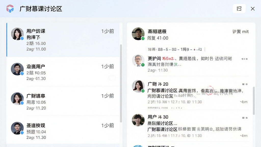 主体:广财慕课讨论区界面,显示用户提问和回复列表,布局:左侧为帖子列表,右侧为详情面板,风格:社区论坛风格,浅色背景,细节:头像、昵称、时间戳清晰,画质:高清,干净,无多余元素