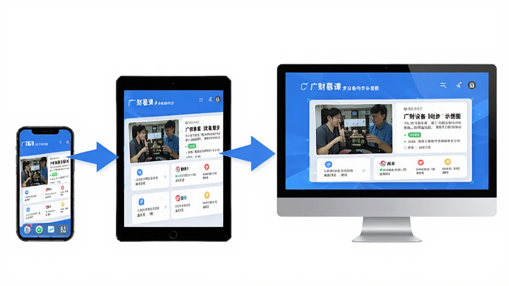 主体:广财慕课多设备同步示意图,显示手机、平板、电脑三台设备同时显示相同课程界面,布局:三台设备并排,中间有同步箭头,风格:科技感扁平化设计,蓝色调,细节:设备屏幕显示相同界面,画质:高清,干净,无多余元素