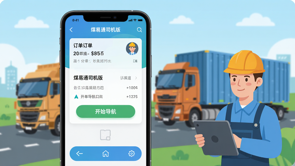 主体:煤易通司机版APP在手机上的运行界面,旁边有货车和司机的插画;布局:手机界面占主体,周围点缀运输场景元素;排版:界面显示订单详情和导航按钮;风格:写实与扁平结合,色彩明亮;细节:订单卡片上有“开始导航”按钮,司机头像带安全帽;画质:高清,干净,无多余元素。