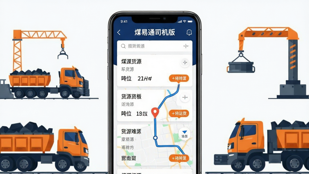 主体:煤易通司机版APP界面展示,手机屏幕中显示清晰的货源列表和导航路线;布局:手机居中,屏幕内容突出,周围有简约的煤炭运输场景插画;排版:界面UI扁平化,信息层级分明,顶部有“煤易通司机版”字样;风格:现代科技感结合工业风,色彩以深蓝和橙色为主;细节:地图路线标记清晰,货源卡片带有吨位和运费标签;画质:高清渲染,干净,无多余元素。