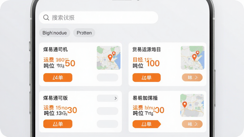 主体:煤易通司机版APP的货源列表页面,展示多条货源卡片;布局:手机竖屏界面,卡片式排列,上方搜索栏和筛选标签;排版:信息清晰,运费和吨位用醒目的橙色字体标出;风格:清爽商务风格,背景浅灰;细节:卡片上有“抢单”按钮,地图小窗显示货源位置;画质:高清,干净,无多余元素。