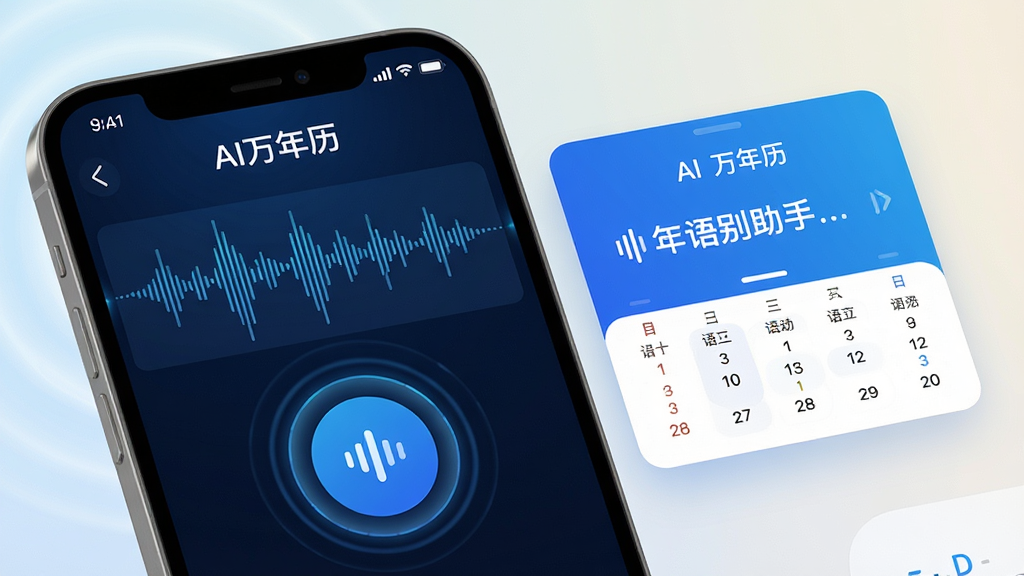主体:AI万年历语音助手功能展示,手机界面显示语音波形图与日历信息;布局:左侧为语音输入按钮,右侧为识别结果卡片;排版:简洁直观,突出语音交互;风格:科技感蓝色调,动态波纹效果;细节:界面有“AI万年历”字样及语音识别文字,背景为浅色渐变;画质:高清晰度,光影自然,无多余元素