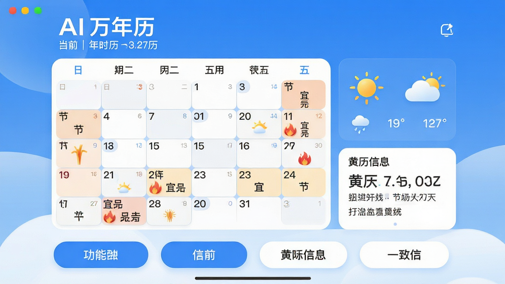 主体:AI万年历应用界面,展示智能日历核心功能,界面包含日期网格、天气图标、黄历信息卡片;布局:上方显示当前日期及农历,中部为日历月视图,下方为功能按钮区;排版:清晰简洁,信息层级分明;风格:现代扁平化设计,主色调为蓝色与白色,图标圆润;细节:日历格中标注节气与宜忌,天气区域有太阳和云朵图标,整体界面干净明亮;画质:高清渲染,细节丰富,无多余元素