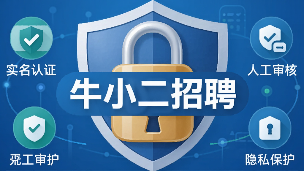 一幅以盾牌和安全锁为元素的插画,画面中心是“牛小二招聘”字样,周围环绕着“实名认证”、“人工审核”、“隐私保护”等图标,背景为蓝色渐变,整体风格简洁专业,画质干净,无多余元素。
