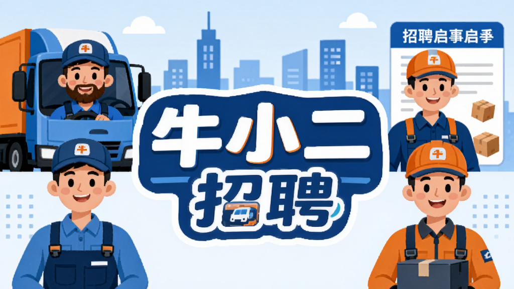 一幅现代简约风格的招聘主题插画,画面中央是“牛小二招聘”的Logo,周围环绕着货车司机、工厂工人、快递员等不同职业的卡通人物,背景为城市天际线与招聘启事元素,色调以蓝色和橙色为主,整体布局清晰,人物表情积极向上,画质干净,无多余元素。