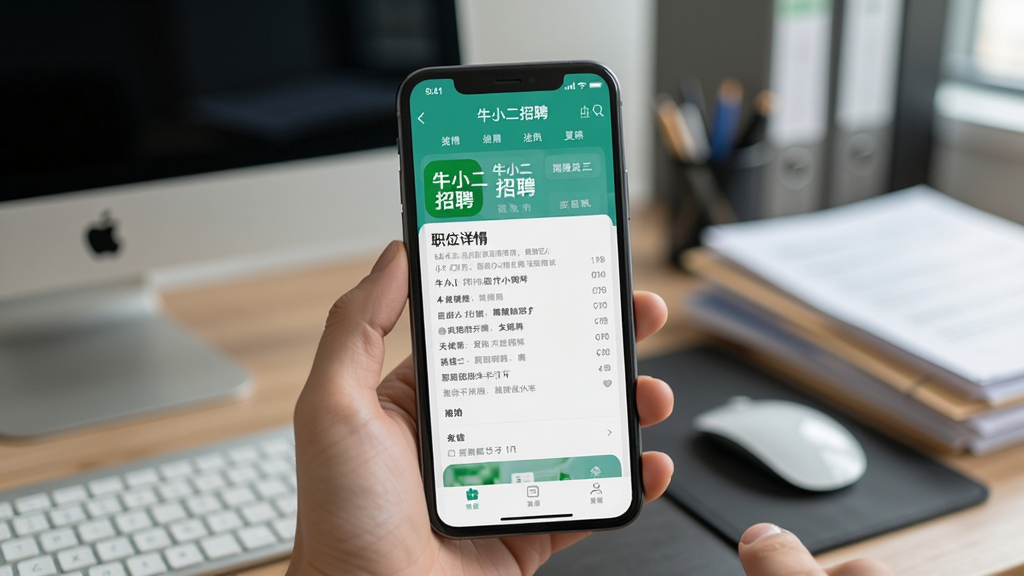 一张展示“牛小二招聘”App在手机上运行的照片,手机屏幕显示职位详情页面,背景为办公桌环境,有电脑和文件,画面自然真实,画质干净,无多余元素。