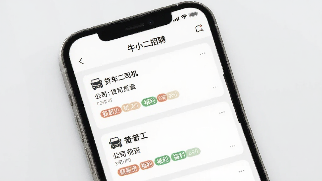 一张展示手机屏幕的UI界面图,屏幕上显示“牛小二招聘”App的职位列表页面,列表中有多个货车司机和普工职位卡片,每张卡片显示公司名称、薪资和福利标签,背景为简约的浅灰色,突出界面清晰易用,画质干净,无多余元素。
