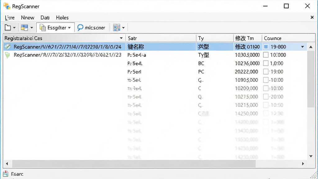 RegScanner 软件主界面截图,展示注册表扫描结果列表,布局清晰,包含路径、键名、类型、修改时间等列,界面简洁,Windows 风格,高分辨率,干净无多余元素